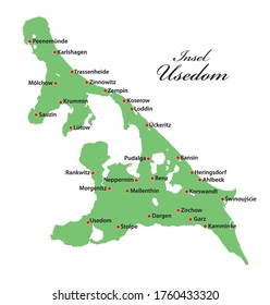 Vector map of the Baltic Sea island of Usedom, Germany, Poland