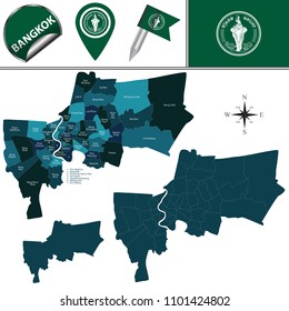 Vector map of Bangkok with named districts and travel icons