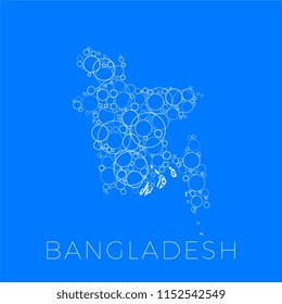 vector map of bangladesh filled with white circles of different sizes and degrees of transparency on blue background