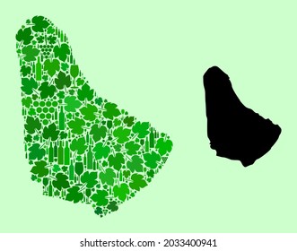 Vector Map of Barbados. Collage of green grape leaves, wine bottles. Map of Barbados collage composed with bottles, berries, green leaves. Abstract collage designed for wine production propaganda.