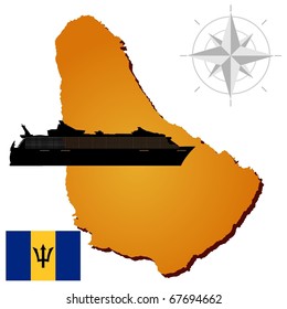 Vector map of  Barbados  with a silhouette of the ship and the flag
