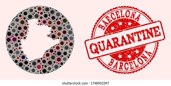 Vector map of Barcelona Province collage of SARS virus and red grunge quarantine seal stamp. Infection cells around the isolated territory from out space.