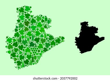 Vector Map of Barcelona Province. Collage of green grape leaves, wine bottles. Map of Barcelona Province collage created from bottles, grapes, green leaves.