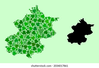 Vector Map of Beijing Municipality. Mosaic of green grape leaves, wine bottles. Map of Beijing Municipality mosaic designed with bottles, berries, green leaves.