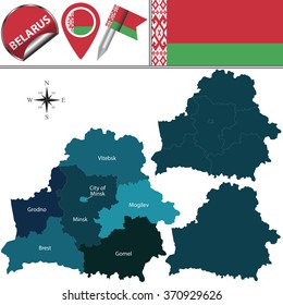 Vector map of Belarus with named regions and travel icons.