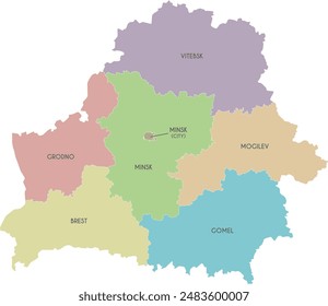 Vector map of Belarus with regions or oblasts and administrative divisions. Editable and clearly labeled layers.