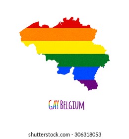 Vector map of Belgium in LGBT (lesbian, gay, bisexual, and transgender) flag colors and GAY Belgium caption on white background. Rainbow flag with denim textile texture.