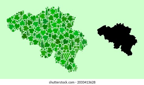 Vektorkarte von Belgien. Mosaik aus grünen Weinblättern, Weinflaschen. Karte von Belgien Collage bestehend aus Flaschen, Weintrauben, grünen Blättern. Abstraktes Mosaik ist für politische Collagen konzipiert.