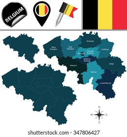 Vector map of Belgium with named provinces and travel icons.