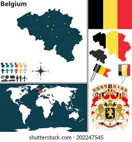 Vector map of Belgium with regions, coat of arms and location on world map