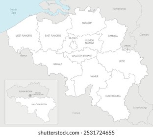 Vector map of Belgium with regions, provinces and administrative divisions, and neighbouring countries and territories. Editable and clearly labeled layers.