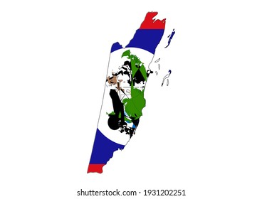 Vector map of Belize filled with the flag of the country, isolated on white background. Vector illustration suitable for digital editing and prints of all sizes.