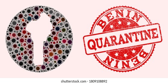Vector map of Benin collage of covid-2019 virus and red grunge quarantine stamp. Infection cells attack the lockdown territory from out space.