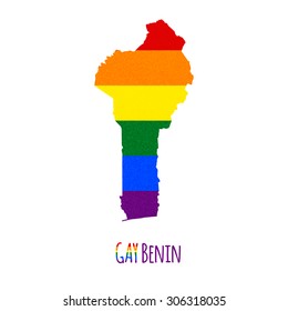 Vector map of Benin in LGBT (lesbian, gay, bisexual, and transgender) flag colors and GAY Benin caption on white background. Rainbow flag with denim textile texture.