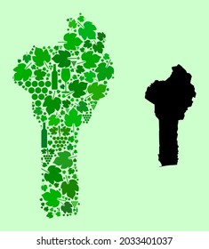 Vector Map of Benin. Mosaic of green grapes, wine bottles. Map of Benin collage created from bottles, grapes, green leaves. Abstract mosaic useful for alcohol shops illustrations.