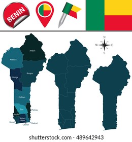 Vector map of Benin with named departments and travel icons