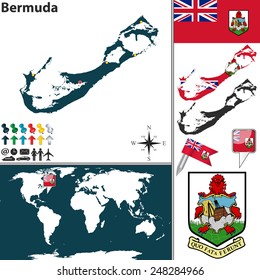 Vector map of Bermuda with coat of arms and location on world map