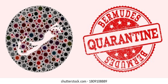 Vector map of Bermuda Islands collage of flu virus and red grunge quarantine seal stamp. Infection cells around the quarantine territory from out space.
