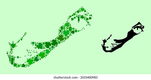 Mapa de vectores de las Islas Bermudas. Collage de hojas verdes de uva, botellas de vino. Mapa de las Islas Bermudas compuesto de botellas, uvas, hojas verdes. Mosaico abstracto diseñado para collages políticos.