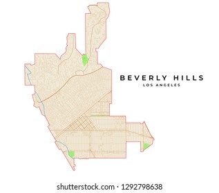 Vector map of Beverly Hills, Los Angeles, USA. Various colors for streets, parks, water and border.