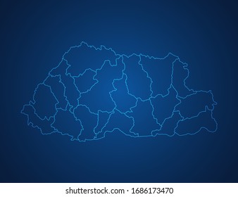 Vector map of Bhutan abstract blue line scales on dark background.