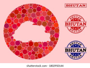 Vector map of Bhutan collage of round elements and red scratched stamp. Stencil round map of Bhutan collage composed with circles in various sizes, and red color tints.