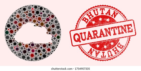Vector map of Bhutan collage of SARS virus and red grunge quarantine stamp. Infection cells around the quarantine territory from out space.