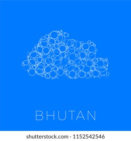 vector map of bhutan filled with white circles of different sizes and degrees of transparency on blue background