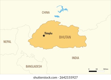 Vector Map of Bhutan with Major Cities and Neighboring Countries – Editable Illustration