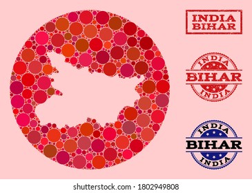 Vector map of Bihar State collage of spheric elements and red scratched seal. Subtraction round map of Bihar State collage composed with circles in different sizes, and red shades.