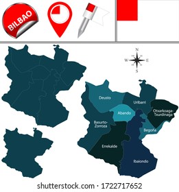 Vector map of Bilbao, Spain with named districts and travel icons