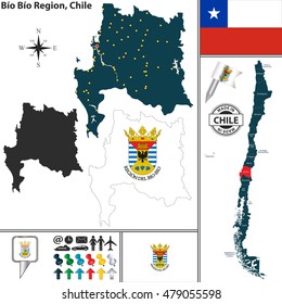 Vector map of Bio Bio region and location on Chilean map