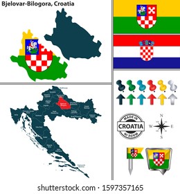 Vector map of Bjelovar Bilogora and location on Croatian map