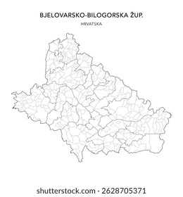 Mapa vetorial do condado de Bjelovar-Bilogora (Brodsko-Posavska Županija) com povoações (Naselja) e cidades, cidades (Gradovi) e municípios (Općine) - Croácia 2025