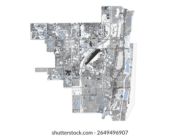 Carte d'Image vectorielle de Boca Raton détaillant les autoroutes, les constructions et les voies navigables. Montre l'infrastructure complexe de la ville et l'aménagement urbain.