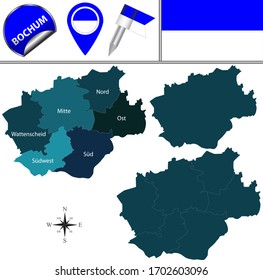 Vector map of Bochum, Germany with named districts and travel icons