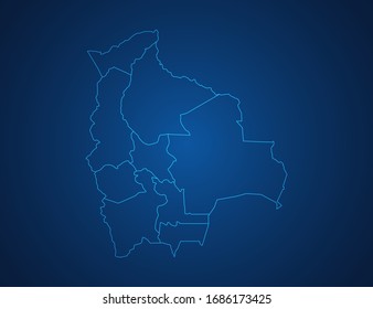 Vector map of Bolivia abstract blue line scales on dark background.