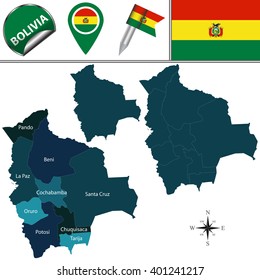 Vector map of Bolivia with named divisions and travel icons