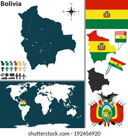 Vector map of Bolivia with regions, coat of arms and location on world map