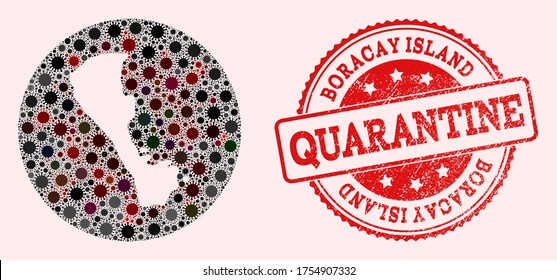 Vector map of Boracay Island collage of coronavirus and red grunge quarantine seal. Infection cells attack the quarantine territory from external zone.