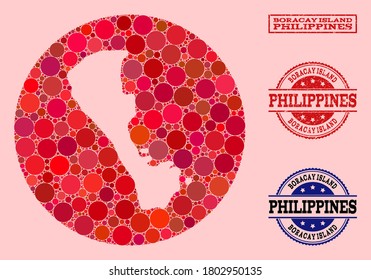 Vector map of Boracay Island collage of round items and red rubber stamp. Subtraction round map of Boracay Island collage created with circles in various sizes, and red color tones.