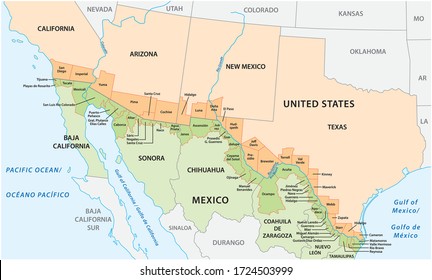 Vector map of the border districts in the United States and Mexico along the border