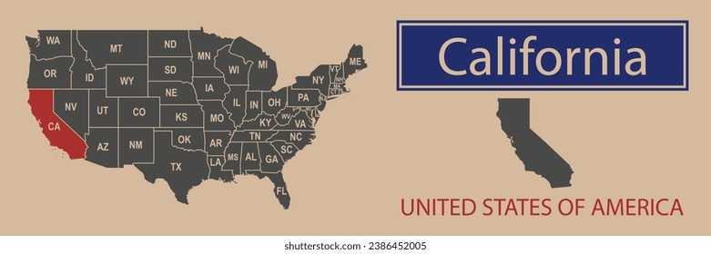 Vector map borders of the USA California state. State of California on the map of the United States of America.