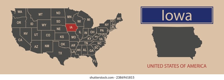 Vector map borders of the USA Iowa state. State of Iowa on the map of the United States of America.