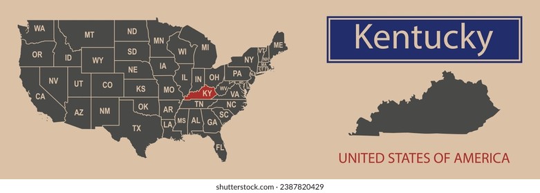 Mapa vectorial de los límites del estado de Kentucky en Estados Unidos. Estado de Kentucky en el mapa de los Estados Unidos de América.