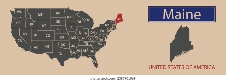 Vector map borders of the USA Maine state. State of Maine on the map of the United States of America.