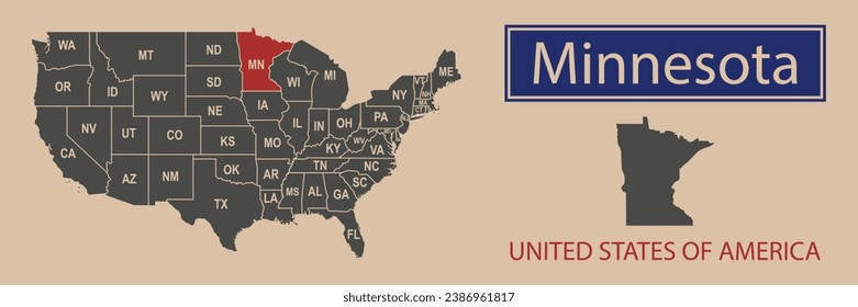 Vector map borders of the USA Minnesota state. State of Minnesota on the map of the United States of America.