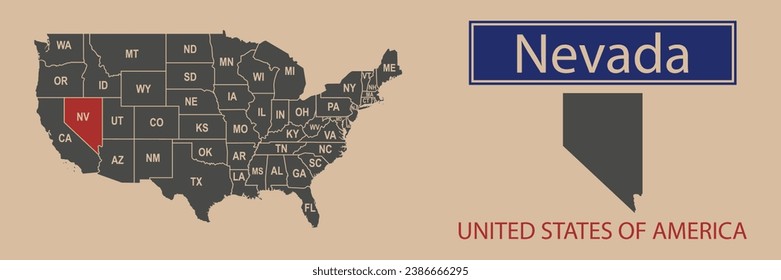 Vector map borders of the USA Nevada state. State of Nevada on the map of the United States of America.