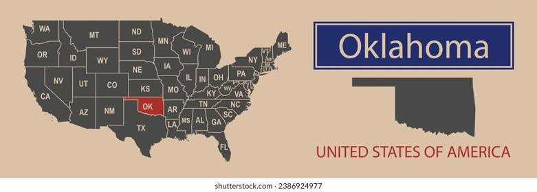 Vector map borders of the USA Oklahoma state. State of Oklahoma on the map of the United States of America.