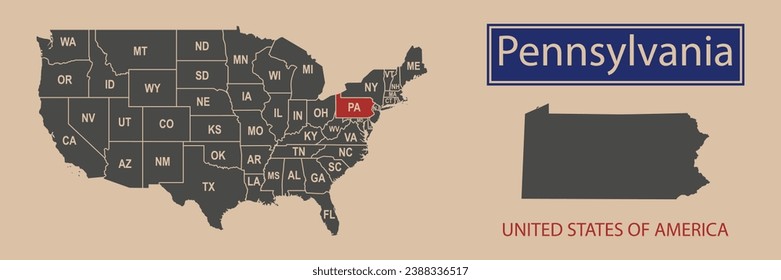 Vector map borders of the USA Pennsylvania state. State of Pennsylvania on the map of the United States of America.